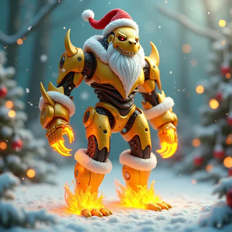 a robot whose body is split in half like it has a yellow flame on its lower part and that serves as its foot and it floats and has a dragons face placed on its other hand, it is gold in color and has tongues like fire in his joints and wearing a santaclaus...