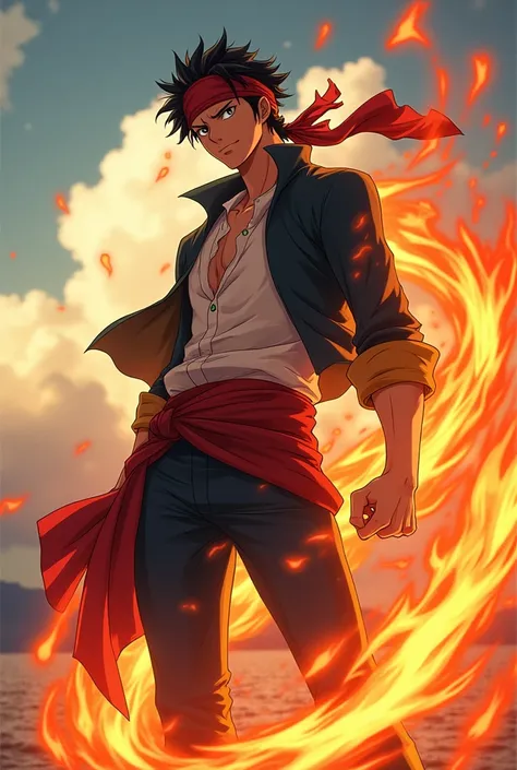 Handsome Badass Adult Teenager Portgas D Ace Captain Pirates With Dragon Fire Aura  Quality, Detail, Lens Flare, Motion Lines, Image Fill, Red Bandana, Ponytail, 