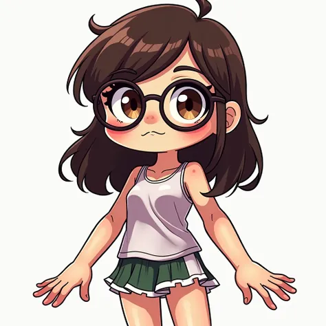 a  girl with glasses and long dark brown hair, has brown eyes,
white sleeveless shirt, a green and white skirt ,red shoes black 