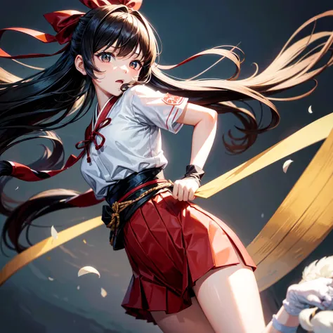 masterpiece,1 Girl, Solitary, Discomfort, red bow, bow, Long hair, hair bow, Ainu clothing, Solitary, Headband, Black Hair, fingerless Gloves, Short sleeve, Gloves, sash, Bangs, red Headband, Chest, Brown eyes, White pants, Japanese clothes, masterpiece淡淡的...