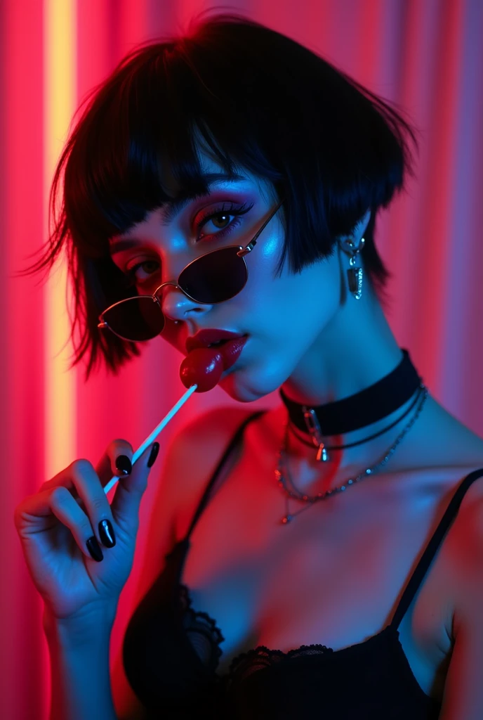 (work of art, best qualityer:1.2), 1 girl, standing alone, high qualiy raw photograph of a young (((goth girl, licking a red lollipop ,holding lollipop on hand))) , ((cut hair with bangs)), boobs, Hot girl, sexy, sensual, vibrant neon colors, cool sunglass...