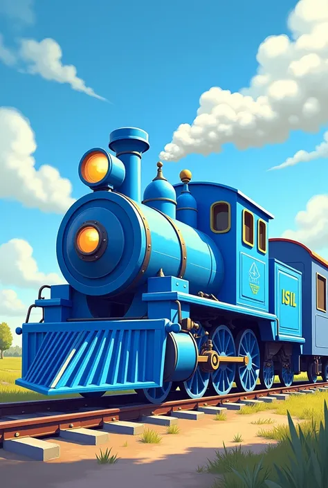 A light blue train accompanied by blue, in a part of the train that says ISIL