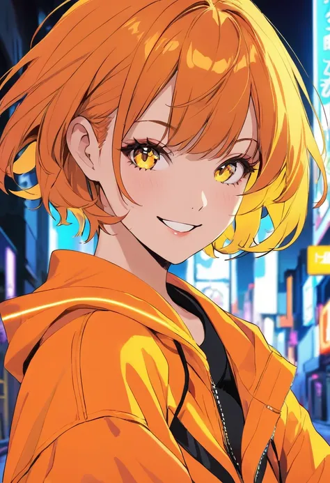 cool adult woman、orange short hair and yellow eyes、urban neon background、bold pose、smile、superb、(face close-up)