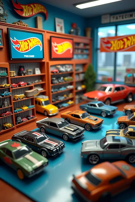 Create a small diorama with a Hot Wheels store theme, defines and details the cars, congruent with their scale.