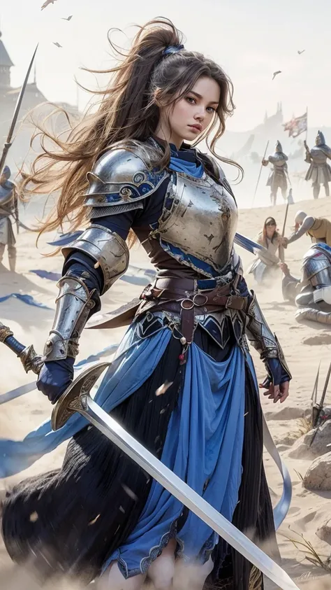 Beautiful young female warrior knight in a siler-white and blue breastplate with detailed ornaments standing on the battlefield in a science fantasy setting, very long black wavy hair, UHD, Super detailliert, Beste Qualität, Genau, fair complexion