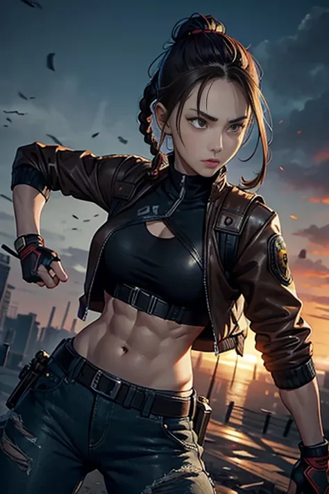 Female warrior fighting zombies、Tall、Mature、jacket、Bulletproof vest、Gloves、Brown Hair、Braids、Durable clothes、Trained biceps、Torn trousers