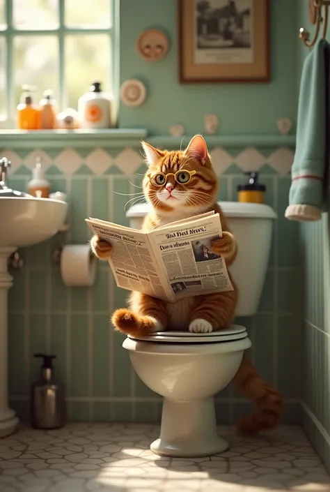 A cat reading news papers in the toilet 