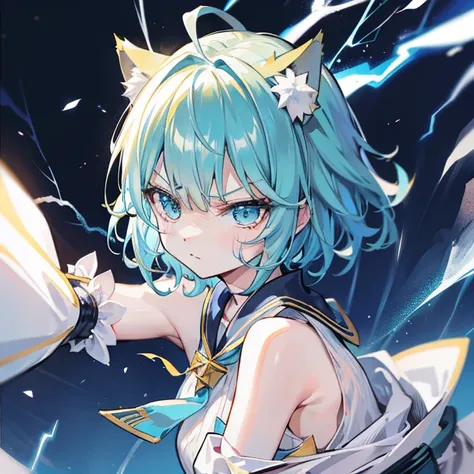 Grow cat ears、Put on a battle mask、Angry face、More lightning in the background、Strong Face、Change the gold to light blue、Shoulder out、太いlightningが何本も見える、Short Hair、lightning、There&#39;s a lot of lightning、smile、Dye your hair pink、With one person、Add a line...