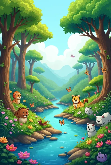 A split-page image showing a lush, green forest with towering trees and colorful flowers on one side (Plant Kingdom) and a bustling animal habitat with various animals (like birds, mammals, and insects) on the other side (Animal Kingdom). two different kin...