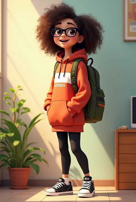 Young curly hair animation style, brick colored hooded sweater dress with pocket and a medium white stripe on the chest with the Adidas logo in the middle of the white stripe, black semi-skinny pants, puma sneakers black and white, Carrying a military gree...