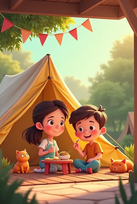 Animated image of a young couple and an orange cat on a roofed terrace, with a camping tent, eating burritos