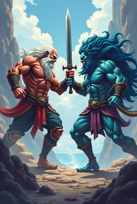 Son Tinh is the mountain god and Thuy Tinh is the sea god in Vietnamese culture, pixels, two men of the same age fighting, dwarf, warrior, ax and sword
