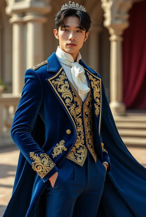 Create an image of ENHYPEN&#39;s Heeseung as a Disney prince, you can imagine him in a classic royal suit, perhaps something similar to what is seen in Disney movies. I could wear a blue velvet jacket with gold details, matching pants, and an elegant cape....