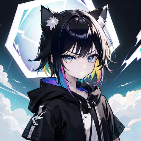 With cat ears、More lightning in the background、、Angry face、Short black hair、Adding lightning lines to the background、Make your hair rainbow-coloured、Deformed and strange, Star color, Shining divine light and dark magic, mad scientist、short black hair and s...