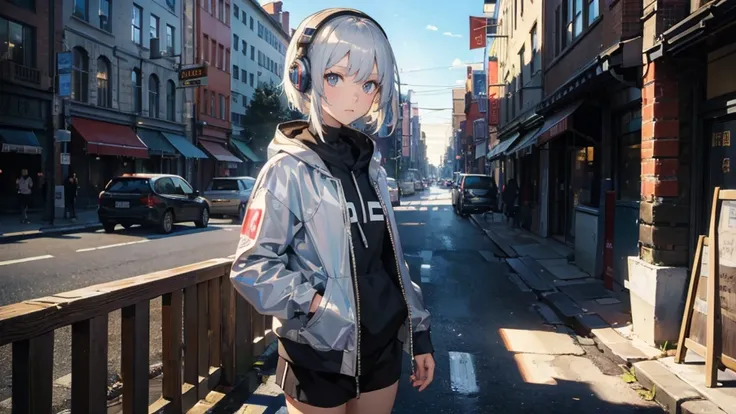 (masterpiece:1.2, Best Quality), Riverside, Journey, nullを見つめる女性, Short silver hair, Headphones, Cool Outfits, City Girl, null.