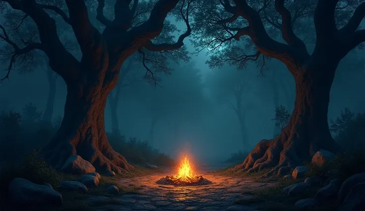 "A campsite in the middle of the dark forest with a small, barely burning fire, surrounded by tall, shadowy trees."