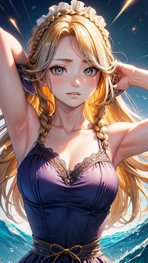 A masterpiece, Upper body, (aldult: 1.6) Hungarian women, (giggle: 0.4), Arms behind head, Blonde Braids, Sparkling eyes, Victorian Sundress, floating light particles, Center, Adding facial details