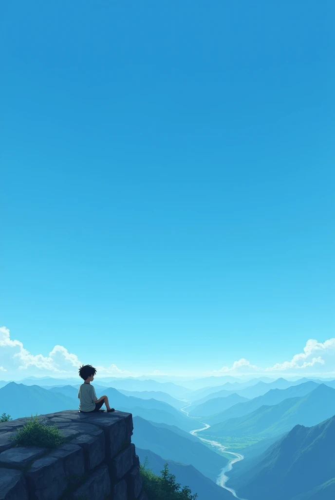 Blue sky and the boy alone seat in a mountain anime 