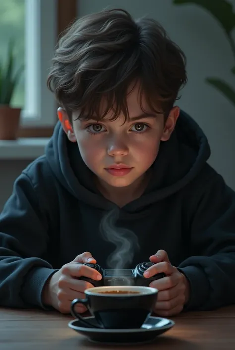 Avatar of a boy playing video games, with a black sweatshirt and a table with coffee in the background 

