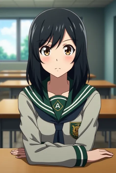 My Hero Academia screenshot. Girl with medium-long black hair with long bangs. He has slanted brown eyes and has a calm expression and a closed smile.. She is wearing the UA uniform and is sitting on a table. 
