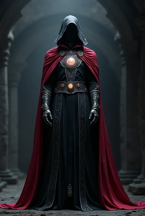 Create a dark magician-style costume for a character named Magical Master. The costume should include a long, flowing, dark robe with intricate silver runes and mystical symbols. At the back, there is a trailing red cloth that floats elegantly, like Doctor...