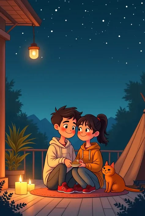 Animated image of a couple and an orange cat on a terrace at night, with a camping tent and eating burritos