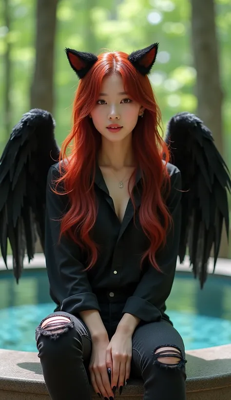 (((photorealistic:1.4))), ultra realistic, pores, (((masterpiece))),high quality, ultra details, random perspective, long beauty red hair, cat ears, black wings, wearing shirt and black ripped jeans, random perspective, random expression, realistic smiling...