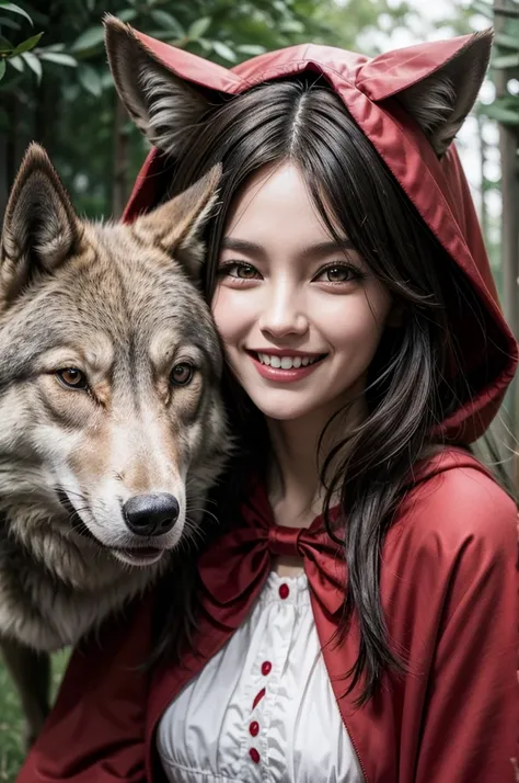 Little Red Riding Hood smiling, with a wolf in the background with red eyes showing its teeth