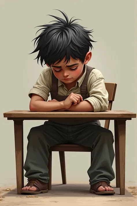 The kid is tired of working and sitting on the table and his pants and shirt are dusty