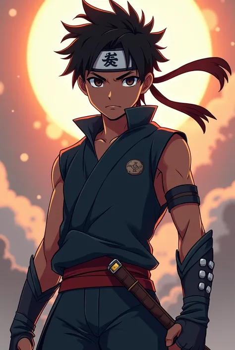 Create an anime boy determined to protect everyone as a hero at the beginning of his journey and he is dark-skinned and is a Shinobi 
