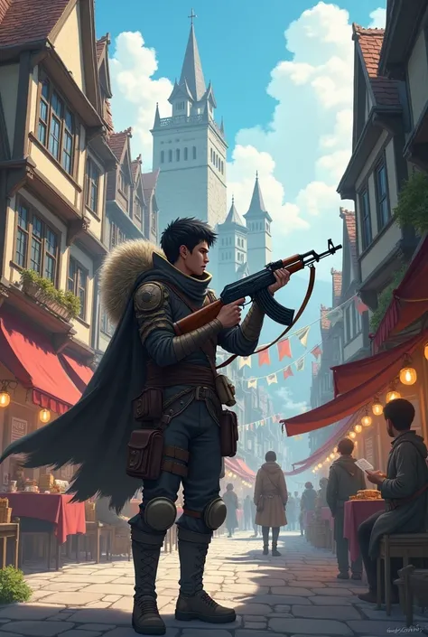 In a medieval fantasy, an isekai adventurer with a ak-47 rifle standing, gazing at the vibrant mevieval city