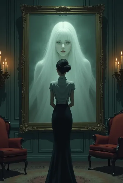 Gay anime , A strong woman in a closed dress is looking at a painting of a ghost woman.