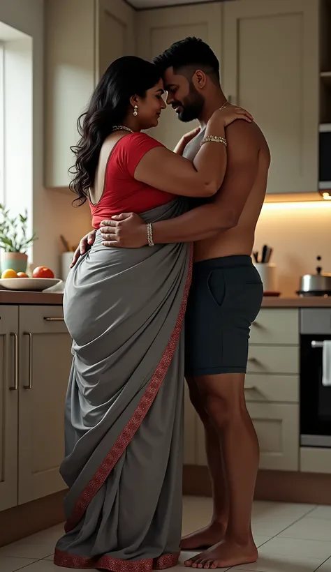 (photorealism:1.2),HD realistic photo,indian 40 year  old tall plus size giant woman,beautiful face,celebrity face,cute, giant ass, huge ass,huge breast, in trace  wearing transparent gray silk saree and red silk blouse only and Jwelerry and show her navel...