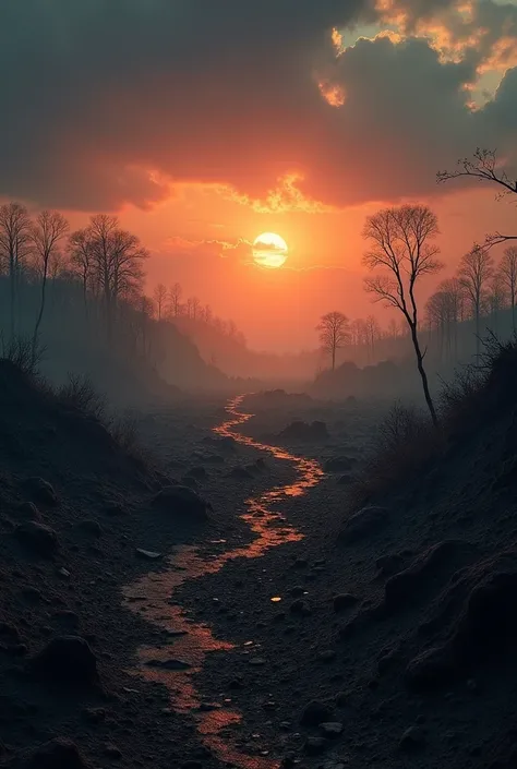 A Landscape of a war zone resembling " Kurukshetra " which is mentioned  in Indian Epic  Mahabharat , No Lively People only landscape , Dark Sunset evening , realistic , wide angle picture 