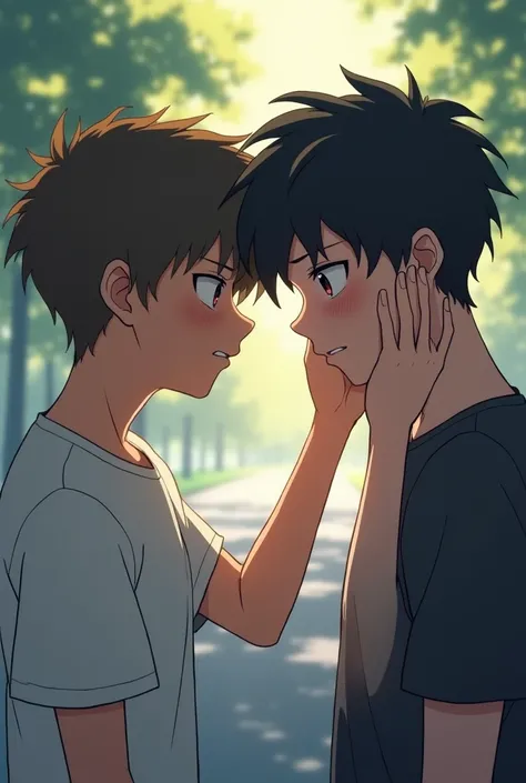 Adult boy wiping tear from his friend&#39;s face anime style