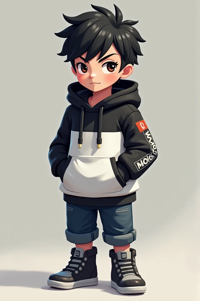 make Minecraft skin boy with black hair with black and white hoodie 