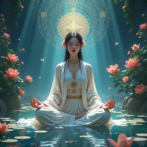 A mystical and cosmic digital artwork featuring a serene  so beautiful sexy woman in traditional East Asian clothing meditating in a tranquil pond with vibrant flowers, surrounded by celestial beings and intricate patterns.