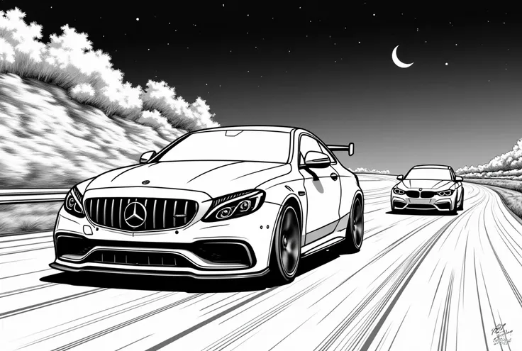 Scene Setting: Midnight on the highway

Vehicles:

	•	Mercedes-Benz W205 C63S AMG: Low ride height, positioned towards the front of the image. Emphasize the aggressive stance and speed.
	•	BMW M4 G82: Low ride height, positioned slightly behind and to the ...