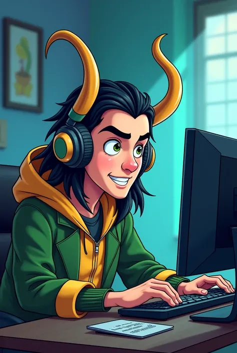 Loki playing on the computer with headphones on his head in the shape of a cartoon