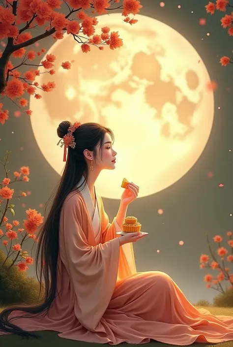 Mid-Autumn Festival,Chinese girl,long hair shawl,hair accessories,earrings,thin waist,model figure,Wearing ancient Chinese martial arts Hanfu,Sitting in the garden,Eating mooncakes,looking at the moon