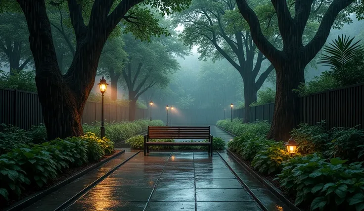 CREATE A COZY CITY GARDEN, UNDER BIG TREES, long bench in the middle, AFTER HEAVY RAIN, MIDNIGHT, WET STREET, WITH LITTLE CINEMATIC LIGHT, A COZY CLOUDY ATMOSPHERE, BESIDE TWO BIG VALLEYS, DARK BACKGROUND, SLEEPY MOOD, HIGHLY FOCUS, SHARP PICTURE, ULTRA DE...