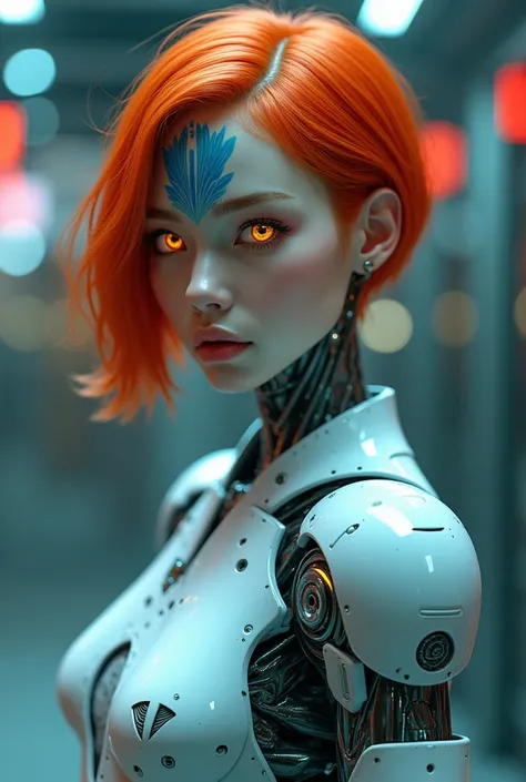 a girl with clear light blue-gray skin, orange iris eyes, robotic left arm and leg (android), blue open palm tattoo on forehead, short red hair, full body (best quality,4k,8k,highres,masterpiece:1.2),ultra-detailed,(realistic,photorealistic,photo-realistic...