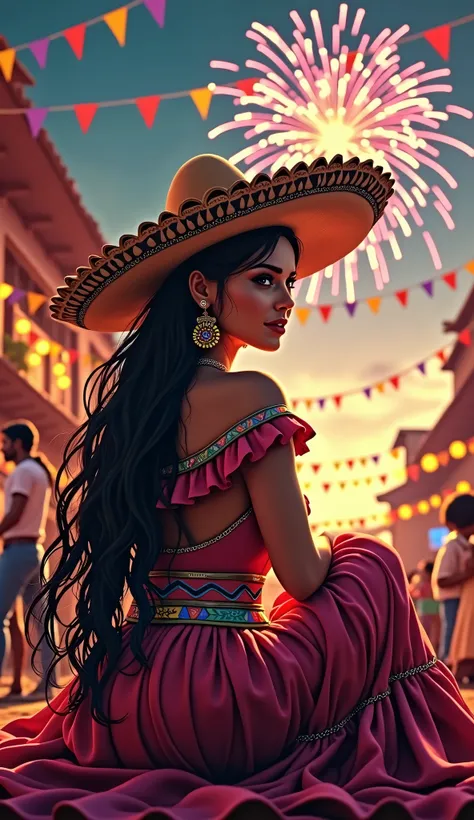 Mariachi woman, 2, long hair, black hair, dark skin, sitting with Mexican party background and fireworks in the sky