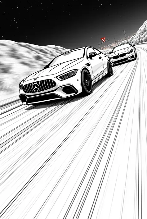 Scene Setting: Midnight on the highway

Vehicles:

	•	Mercedes-Benz W205 C63S AMG: Low ride height, positioned towards the front of the image. Emphasize the aggressive stance and speed.
	•	BMW M4 G82: Low ride height, positioned slightly behind and to the ...