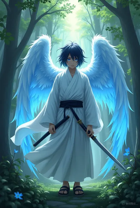 A boy with angel wings, medium long hair and blue flaming, gloying eyes wearing white cloths holding a long
 japanese katana in forest