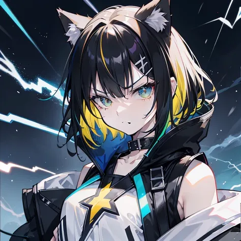 Jagged background light、More lightning in the background、Shoulder out、With cat ears、More lightning in the background、、Angry face、Short black hair、Adding lightning lines to the background、Make your hair rainbow-coloured、Deformed and strange, Star color, Shi...