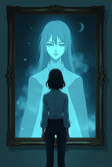 Cover of the novel , anime style , A strong woman in a long-sleeved shirt and trousers is looking at a painting of a ghost woman.