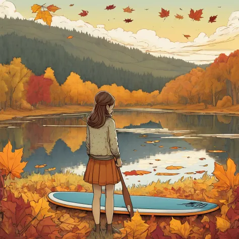 A melancholic scene of a girl hugging a SUP board, longing for the summer that has passed. The setting is an autumn landscape with falling leaves and a subdued, sad atmosphere. The image is in a hand-drawn artistic style inspired by Mattias Adolfsson, rese...