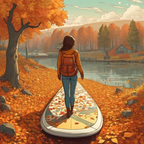 A melancholic scene of a girl hugging a SUP board, longing for the summer that has passed. The setting is an autumn landscape with falling leaves and a subdued, sad atmosphere. The image is in a hand-drawn artistic style inspired by Mattias Adolfsson, rese...