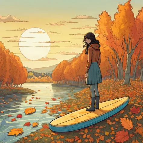 A melancholic scene of a girl hugging a SUP board, longing for the summer that has passed. The setting is an autumn landscape with falling leaves and a subdued, sad atmosphere. The image is in a hand-drawn artistic style inspired by Mattias Adolfsson, rese...